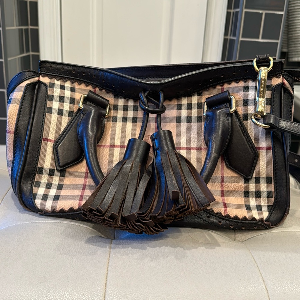 Burberry tote, classic canvas and brown with tassels.
